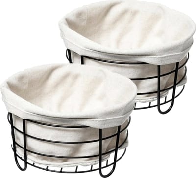 5Five Broodmand Bistro - 2x stuks - metaal/stof - rond - zwart/creme wit - 22 x 11 cm