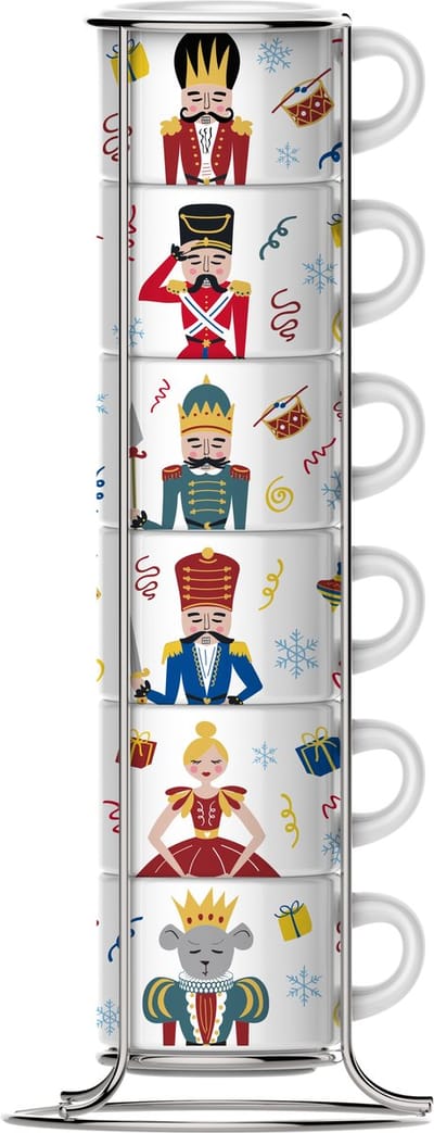 Bialetti Nutcracker Espressokopjes Set 6 Stuks met Rek – 90 ml – Porseleinen Espresso Kopjes – Limited Edition - Stapelbaar