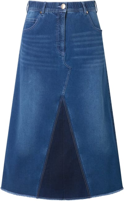 Ulla Popken - Dames - Jeansrok gerafelde zoom A-lijn stretchdenim - Blauw denim - Maat 46