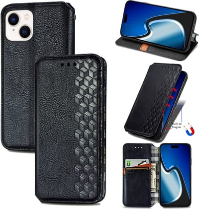 Luxe PU Lederen Ruitpatroon Wallet Case + PMMA Screenprotector voor iPhone 15 Plus _ Zwart