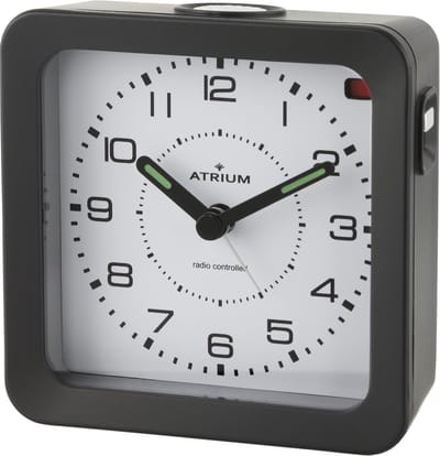 ATRIUM - Wekker - Analoog - Radiogestuurd - Alarm - Zwart - Licht - Verlichte wijzers - Blauwe Displayverlichting - Opbouwend Alarmsignaal - Snooze - Duidelijk - Vierkant - Quartz uurwerk - Wekkers Slaapkamer - Klok - A660-7