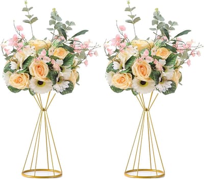 Gouden bloemenstandaard voor bruiloft: 50 cm hoge trompet vaas voor tafels bruiloftsreceptie set van 2 middenstukken decoratie voor feest verjaardag evenement festival feest