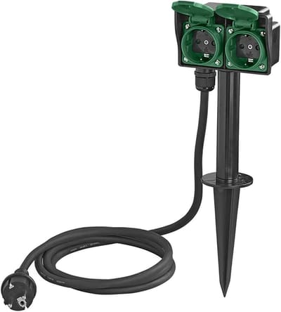 Tuincontactdoos Schuko - Buitenstopcontact Grondpen - Stroom Buiten - IP44 Waterdicht - 2 Meter Kabel - Zwart