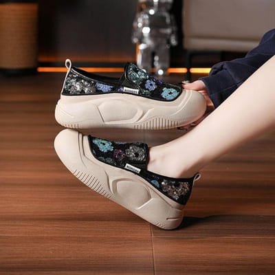Lente Nieuwe Dikke zool Retro Zachtzool Casual Sportief Veelzijdig Pailletten Dames Schoenen 40 black