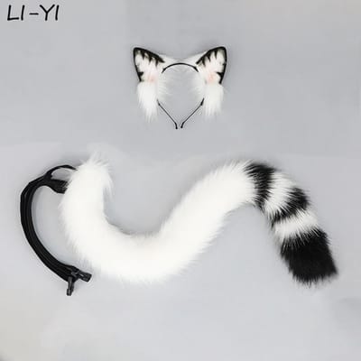 2 stuks/set Calico Kattenoortjes Staart Schattig Zwart-witte Kattenoortjes Hoofddeksel Tabby Kat Staart Dier Cosplay Accessoires Pluche Haaraccessoires ear and tail