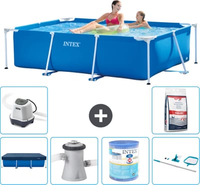 Intex Rechthoekig Frame Zwembad - 220 x 150 x 60 cm - Blauw - Inclusief Afdekzeil - Zwembadfilterpomp - Filter - Schoonmaakset - Zoutwatersysteem - Zwembadzout - 7-delig
