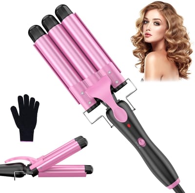 3 FäSser Beach Waves Welleneisen für Haare, 25mm Kleine Locken Keramik Lockeneisen-Temperatureinstellung Schnelle ErwäRmung mit Handschuh, Roségold