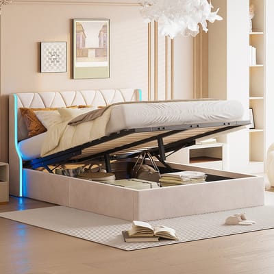 160 × 200 cm Beige Fluwelen Bedframe met Opbergruimte – Wingback Hoofdbord met LED Verlichting – Gestoffeerd Tweepersoonsbed