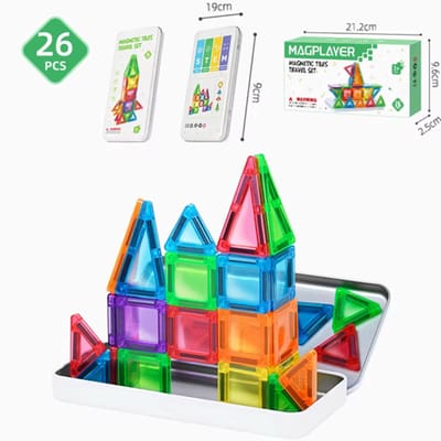 Magnetische Tegels Reisset – 26-delige Educatieve Bouwset – Magnetisch Speelgoed voor Kinderen vanaf 3 Jaar – Metalen Opbergdoos – Reis Speelset – Perfect Cadeau voor Verjaardag, Kerst of Nieuwjaar