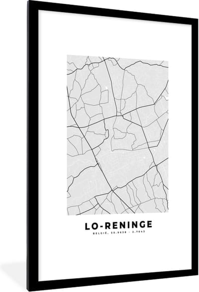 Fotolijst incl. Poster Zwart Wit- Stadskaart – Zwart Wit - Kaart – Lo Reninge – België – Plattegrond - 80x120 cm - Posterlijst