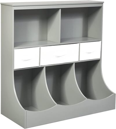 KOMFOTTEU Veelzijdig inzetbare opbergkast voor boeken en speelgoed, kluisjes in 2 verschillende maten, opbergkast voor kinderen, open boekenkast met 3 laden, 93 x 40 x 94 cm (grijs)