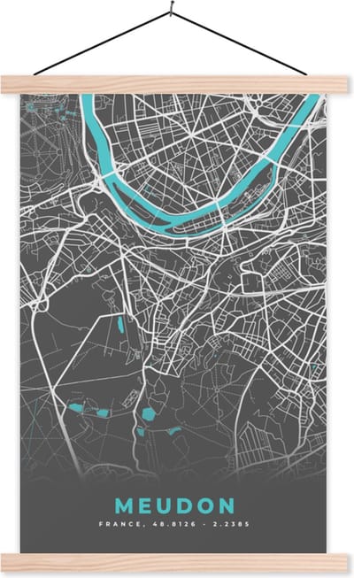 Posterhanger incl. Poster 40x60 cm - Schoolplaat - Frankrijk - Stadskaart - Plattegrond - Kaart - Meudon - Textielposter - Blanke latten - Stadskaart