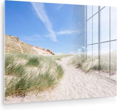 MuchoWow® Glasschilderij 160x120 cm - Schilderij acrylglas - Strand - Duin - Gras - Foto op glas - Muurdecoratie woonkamer - Wanddecoratie slaapkamer - Schilderijen