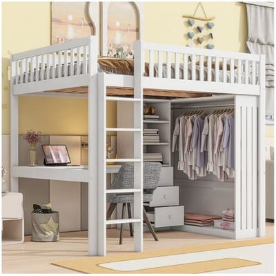 Merax Hoogslaper 140 x 200 cm met bureau, kledingkast en 3 lades - Grenen + MDF - Wit (zonder matras)