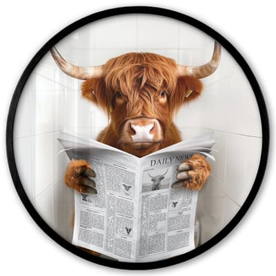 Poster in lijst Rond - Fotolijst 40x40 cm - Posters - Schotse Hooglander - Dier - Krant - Toilet - Ronde posterlijst zwart - Decoratie - Wanddecoratie woonkamer - Muurdecoratie slaapkamer