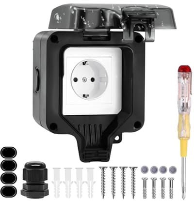 Buitenstopcontact - Wandstopcontact - Veilig Stroom - IP66 Waterdicht - 6 cm Diep - Zwart