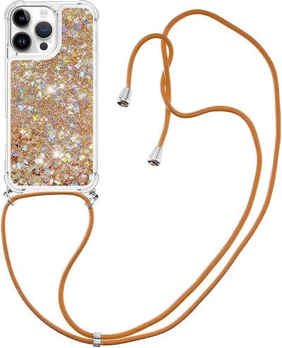Coverup Hoesje - Geschikt voor iPhone 16 Pro Hoesje - Coverup Liquid Glitter Back Cover met Koord - Goud