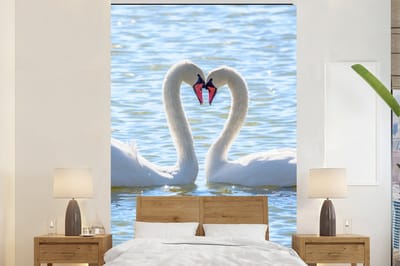 Behang - Fotobehang Vogels - Zwaan - Water - Liefde - Zon - Breedte 170 cm x hoogte 260 cm
