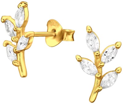 Joy|S - Zilveren takje met blaadjes oorbellen - blad van marquise / ovale zirkonia - 7 x 12.5 mm -gold plated