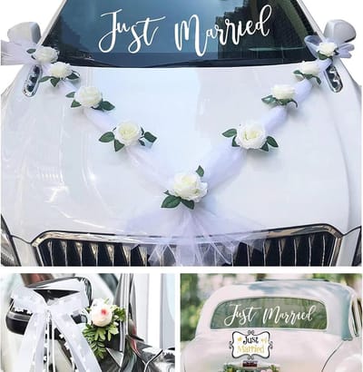 Bruiloft autodecoratie wit met kunstrozen en 9 zuignappen set