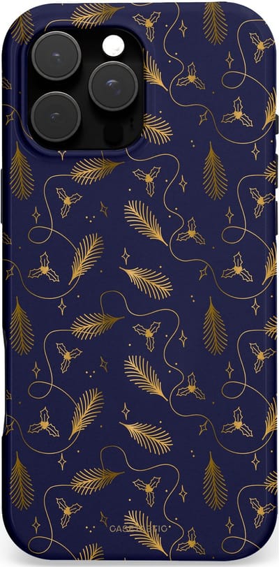 Casetastic Hoesje Geschikt voor Apple iPhone 16 Pro Max Magsafe - Stijlvolle Beschermende Duo-layer Case - Blauwe Kerst Takken en Hulst - Xmas