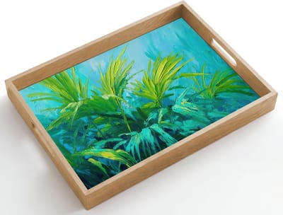 Dienblad hout 50x35 cm - Schootdienblad - Bladeren - Groen - Schilderij - Abstract - Borrelplank rechthoek - Plateau dienbladen