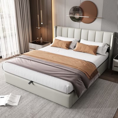 KOMHTOM - Gestoffeerd bed - met LED-verlichting - 140 x 190 cm - hydraulisch bed - oplaadbare USB-poort in het bed - met opbergruimte - verstelbaar hoofdeinde - PU-wieltjes - grijs