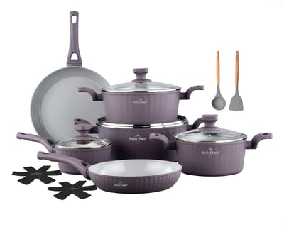 Swiss Haus® CC3014T 14-delige Pannenset Inductie – PFAS Vrij – Keramische Antiaanbaklaag – Complete Inductie Pannenset - Koekenpannen, Braadpannen met Deksel & Steelpan - Paars