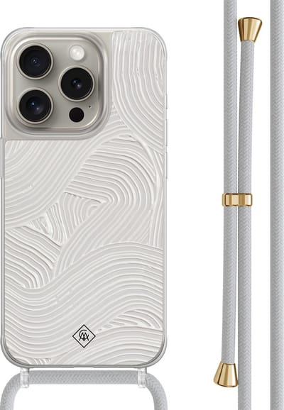 Casimoda® hoesje met grijs koord - Geschikt voor iPhone 15 Pro - Abstract Beige Waves - Afneembaar koord - TPU/polycarbonaat - Bruin/beige