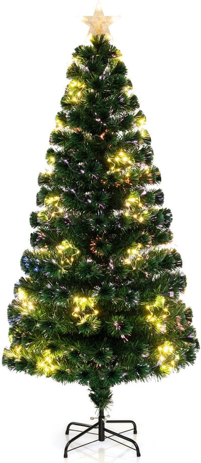 COSTWAY Kunstkerstboom met verlichting, 180 cm dennenboom van glasvezel met 36 warmwitte ledlampen en 230 takpunten, verlicht met sterpunt, voor thuis en op kantoor