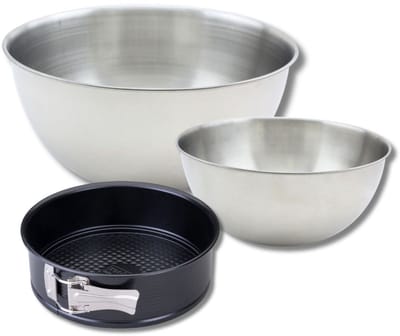 Set met 1 springvorm van 20 cm, 1 spatel Zenker en 2 roestvrijstalen mengkommen Fackelmann