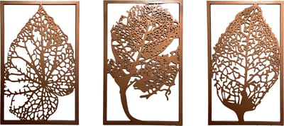 Urbane Hide | Set van 3 Metalen Blad Wanddecoraties | 40x50 cm | Natuur-Inspiratie | 3D Wandbord | Koperkleurige Muurdecoratie | Woonkamer & Hal