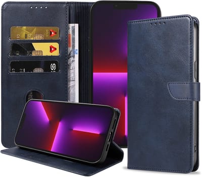 Geschikt voor iPhone 13 Pro Telefoonhoesje Kunstleer met Magnetisch lipje en Pasjeshouder Book Case met Klepje - Blauw - Smartphonica geschikt voor iPhone 13 Pro