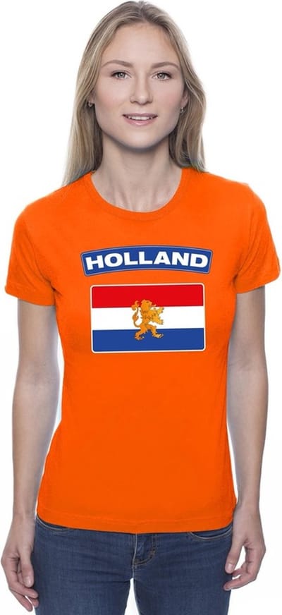 Bellatio Decorations Nederland thema t-shirt - vlag Holland - oranje - dames - korte mouwen S
