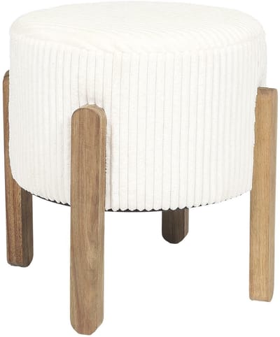 Modern Cream Poef - Hocker - Ribstof Crème - Ronde Voetenbank - Houten Poten - Boho & Loft Stijl - Velvet Ribbelstof - 38 cm Hoog