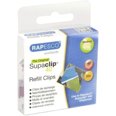 Rapesco Supaclip 40 klemmen navulling, ophangdoosje met 50 klemmen verschillende kleuren