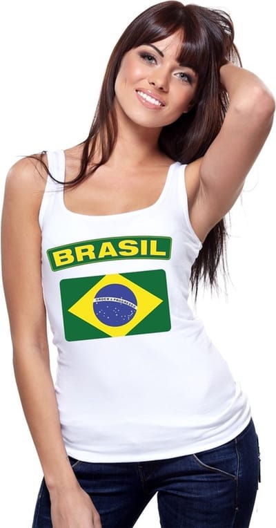 Brasilie singlet shirt/ tanktop met Braziliaanse vlag wit dames S