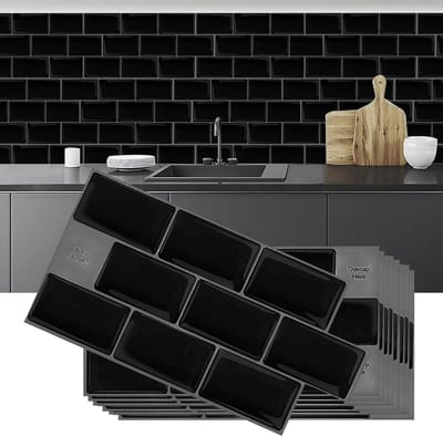 3D Vinyl Tegel Stickers voor Keuken en Badkamer, Zelfklevend en Waterdicht, Peel and Stick Tegels, 30.5 x 15.2 cm, 10 Vellen (Zwart)