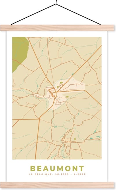 Posterhanger incl. Poster 40x60 cm - Schoolplaat - Kaart - België - Beaumont - Stadskaart - Plattegrond - Textielposter - Blanke latten - Stadskaart