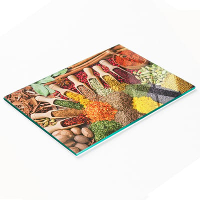 Decoratieve glazen snijplank voor in de keuken, kleurrijk met kruidenmotief, 80x52 cm