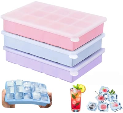 Ijsblokjesvorm met deksel, 45 ijsblokjesvormen, siliconen ijsblokjesbakjes, herbruikbaar en BPA-vrij voor whisky, cocktail, drankjes, vriezer, soep (roze, blauw, paars)