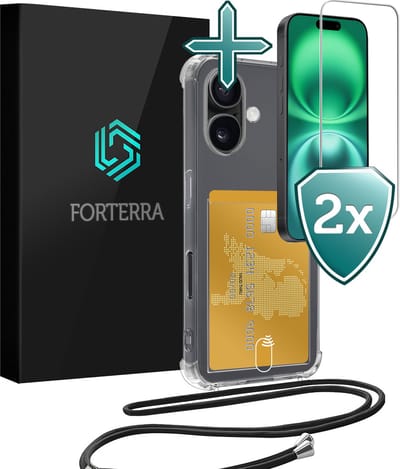 Hoesje Geschikt voor iPhone 16 Pashouder Case Siliconen Hoes Met Koord Met 2x Screenprotector - Hoes Geschikt voor iPhone 16 Met Telefoonkoord Hoesje Back Cover Met Pasjeshouder - Transparant