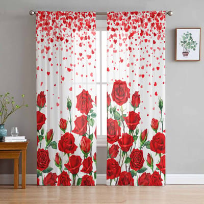 Valentijnsdag Harten Rode Rozen Transparante Gordijnen voor Woonkamer Decoratie Raamgordijnen Keuken Tule Voile Organza Gordijnen W135 x H115cm x1 white