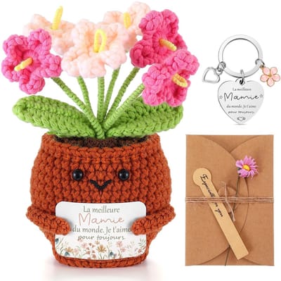 Dailygoods- Sleutelhanger Gebreide Pop - Bloemen Sleutelhanger - Uniek Cadeau voor Oma - Decoratief Stuk - Sentimenteel Geschenk - Handgenaaid