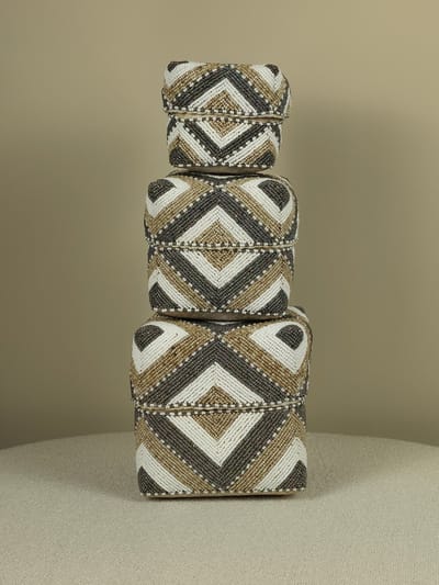 Blitzdeco - Balinese Offermandenset - Rory - Handgemaakt - Zilver Beige Wit - Met Deksel