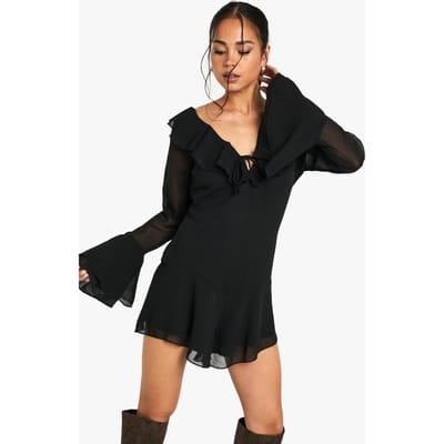 boohoo Dames Chiffon Ruffle Godet Playsuit | Zwart | Maat: 38