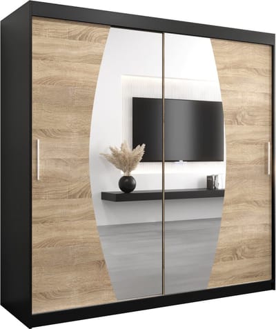 InspireMe - Kledingkast met 2 schuifdeuren, Modern-stijl, Een kledingkast met planken en een spiegel (BxHxD): 200x200x62 - GLOBE 200 Zwart Mat + Sonoma Eik