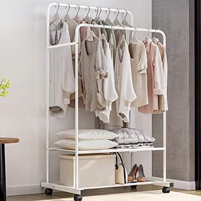 unho Kledingrek - Metalen Kledingrek - Dubbele Hangende Rails - Met Wielen voor Slaapkamer - Draagbaar Kledingrek - Kleding Opbergrek, Draagbaar tot 40kg - Wit