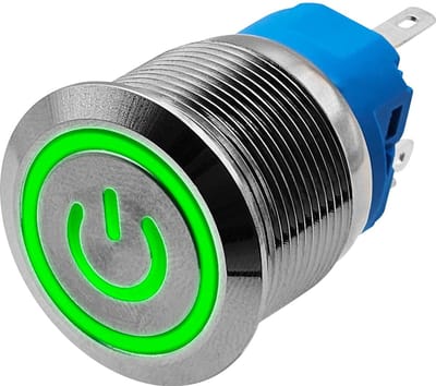 ProRide Metalen Drukschakelaar 12V ON-OFF - 22mm - Aan/uit schakelaar - Spatwaterdicht - 12V/24V - LED Indicatie Groen
