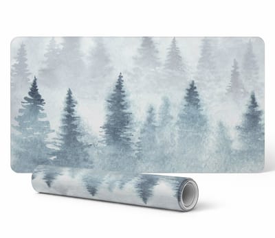 Elegante decoratieve bureauonderlegger met aquarelprint van een mistig bos, 90x45 cm